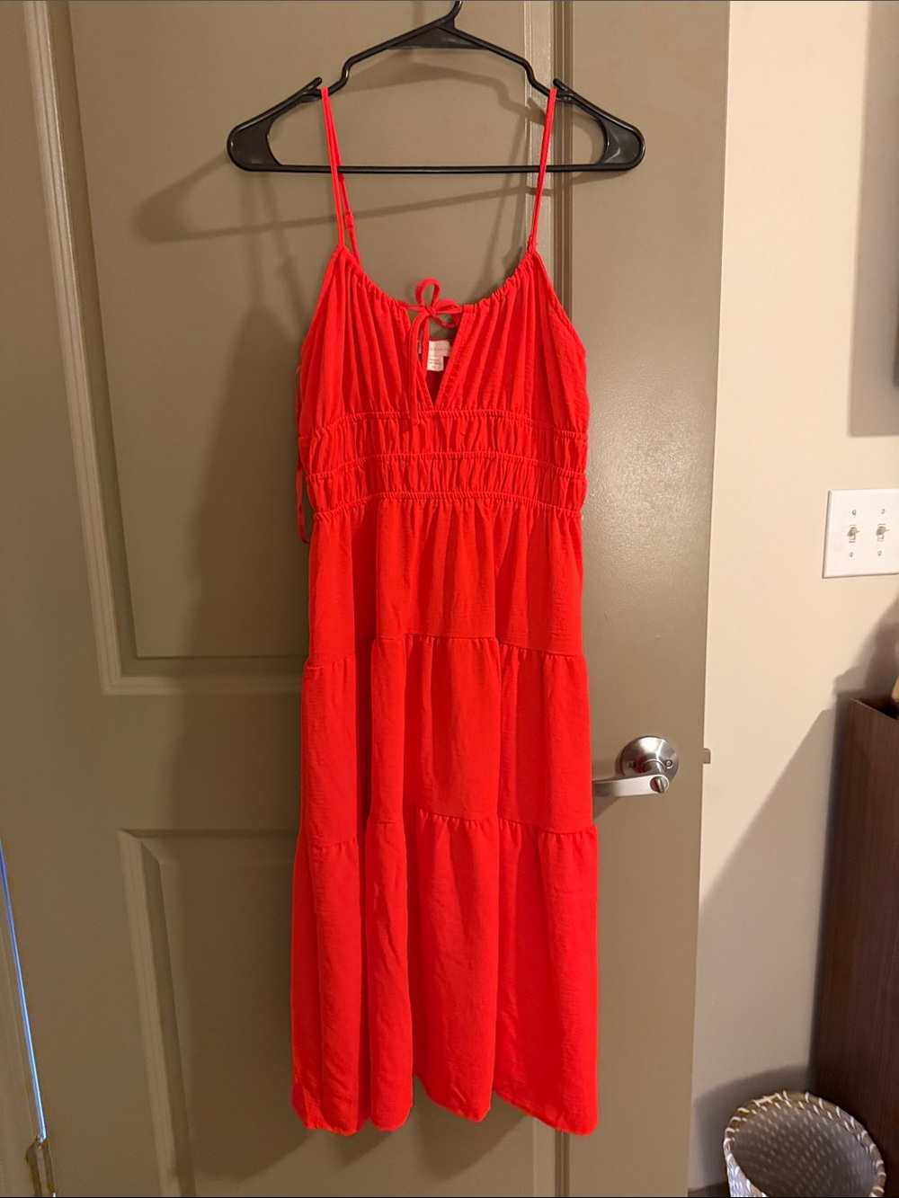Coral Tie-Front Tiered Midi Dress with Spaghetti Straps